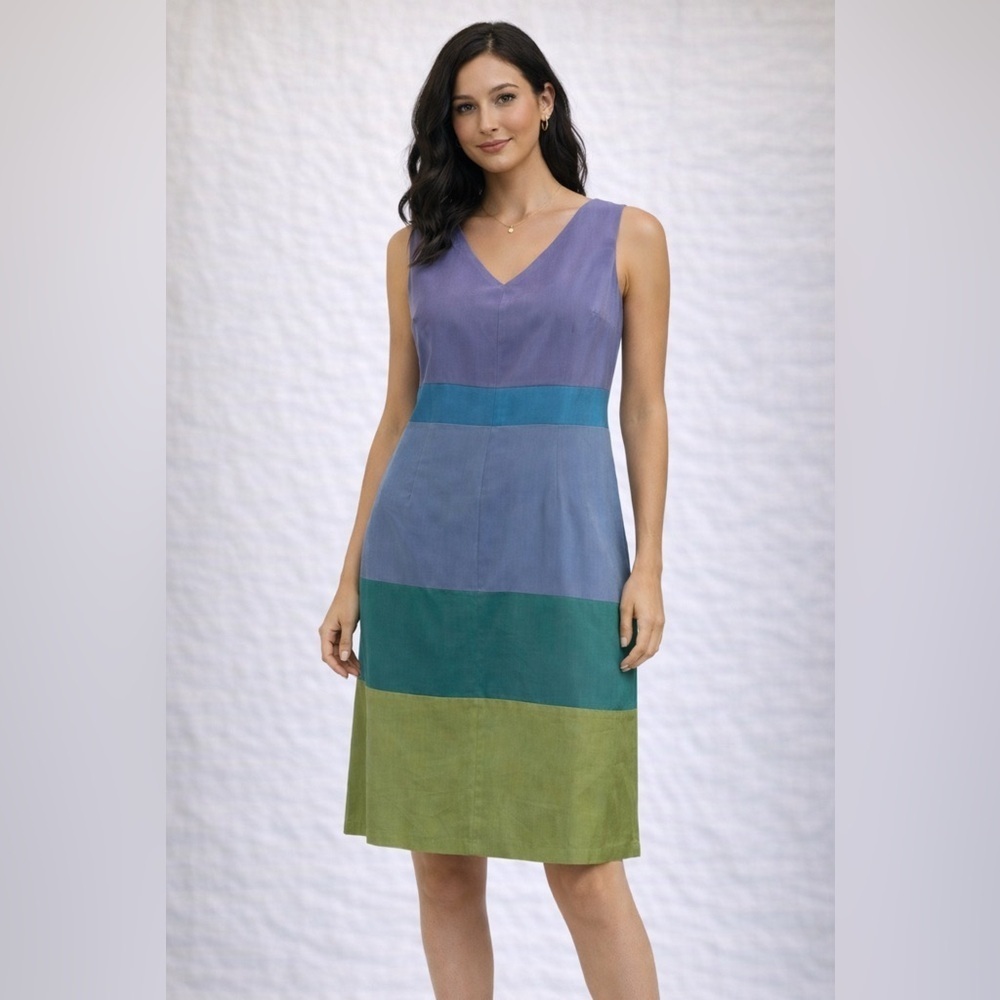 100% Silk Color Block Midi Dress | Lined Sleeveless | Size 16